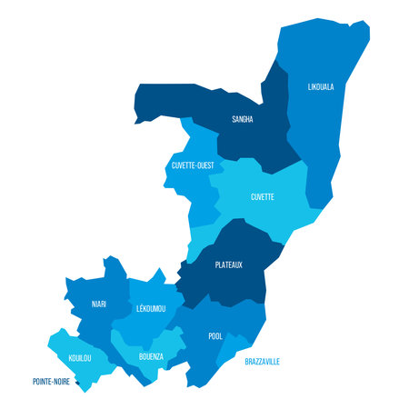 Republic of the Congo political map of administrative divisions - departments. Flat blue vector map with name labels.のイラスト素材