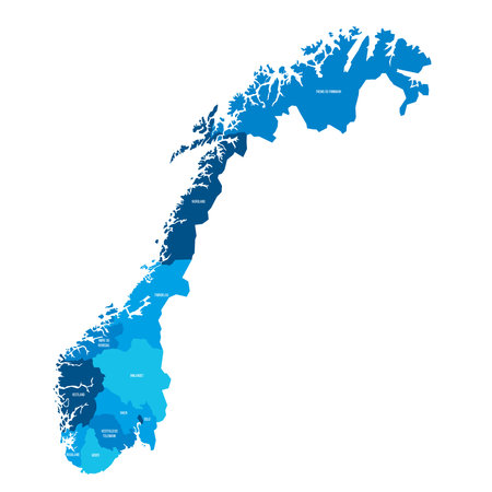 Norway political map of administrative divisions - counties and autonomous city of Oslo. Flat blue vector map with name labels.のイラスト素材