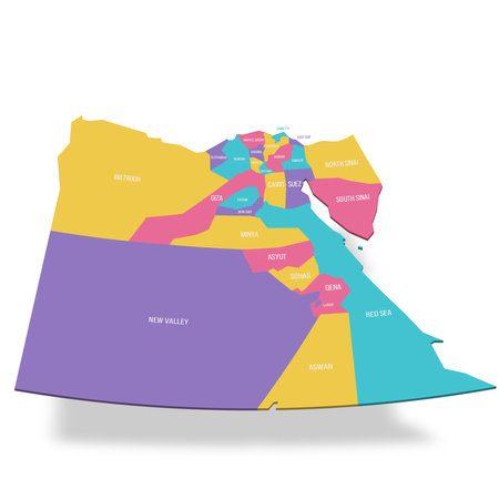Egypt political map of administrative divisions - governorates. 3D colorful vector map with name labels.のイラスト素材