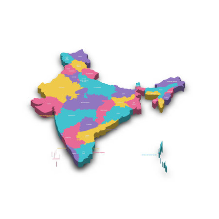 India political map of administrative divisions - states and union teritorries. Colorful 3D vector map with dropped shadow and country name labels.の写真素材