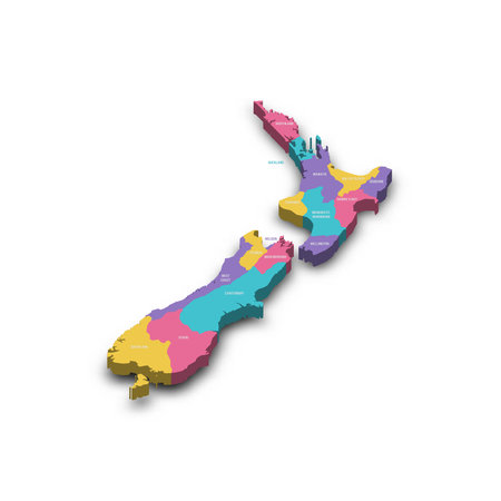 New Zealand political map of administrative divisions - regions. Colorful 3D vector map with dropped shadow and country name labels.のイラスト素材