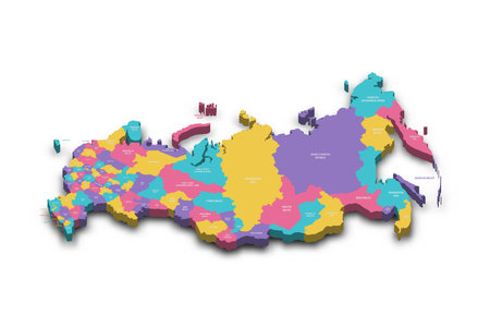 Russia political map of administrative divisions - oblasts, republics, autonomous okrugs, krais, autonomous oblast and 2 federal cities of Moscow and Saint Petersburg. Colorful 3D vector map with dropped shadow and country name labels.のイラスト素材