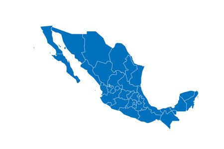 Mexico political map of administrative divisions - states and Mexico City. Solid blue blank vector map with white borders.のイラスト素材
