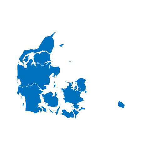 Denmark political map of administrative divisions - regions. Solid blue blank vector map with white borders.のイラスト素材
