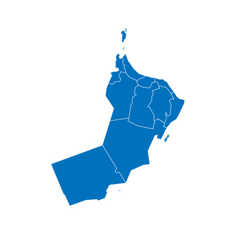 Oman political map of administrative divisions - governorates. Solid blue blank vector map with white borders.のイラスト素材