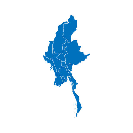 Myanmar political map of administrative divisions - states, regions and Naypyitaw Union Territory. Solid blue blank vector map with white borders.のイラスト素材