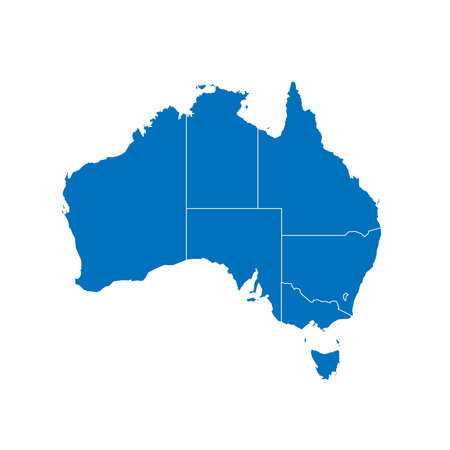 Australia political map of administrative divisions - states and teritorries. Solid blue blank vector map with white borders.のイラスト素材