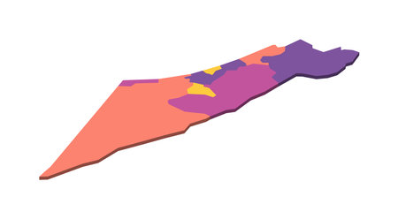 Israel political map of administrative divisions - districts, Gaza Strip and Judea and Samaria Area. Isometric 3D blank vector map in four colors scheme.のイラスト素材