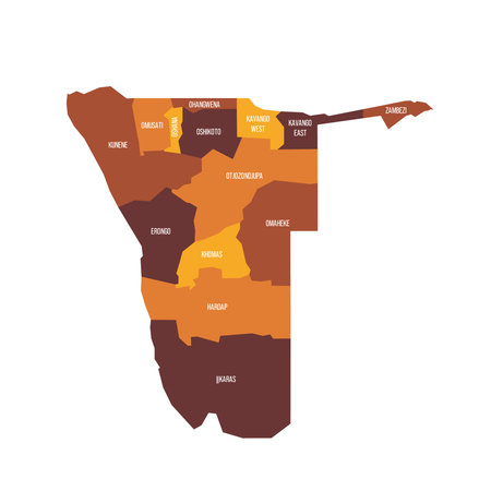 Namibia political map of administrative divisions - regions. Flat vector map with name labels. Brown - orange color scheme.のイラスト素材