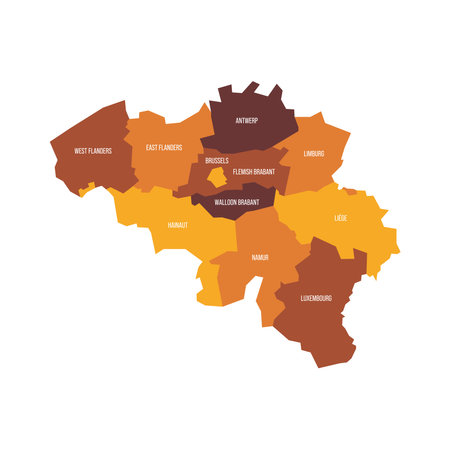 Belgium political map of administrative divisions - provinces. Flat vector map with name labels. Brown - orange color scheme.のイラスト素材