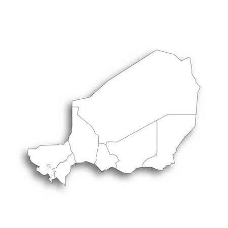 Niger political map of administrative divisions - regions and capital city of Niamey. Flat white blank map with thin black outline and dropped shadow.