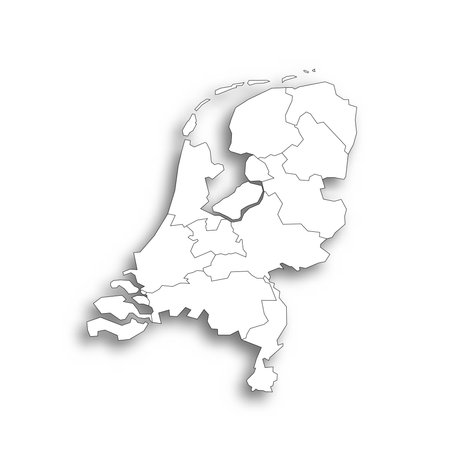 Netherlands political map of administrative divisions - provinces. Flat white blank map with thin black outline and dropped shadow.の写真素材