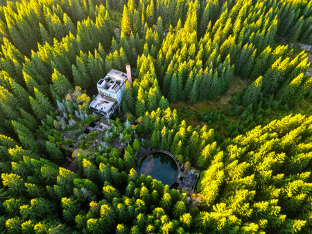 Ruins of former tin mine near Rolava village in the forests of Ore Mountains, Czech Republic. Aerial...