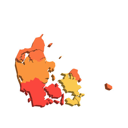 Denmark political map of administrative divisions - regions. 3D map in shades of orange color.のイラスト素材
