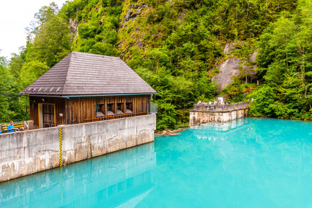 Klamsee - mountain water reservoir above Kaprun town with bright turquoise blue water, Austria.の写真素材