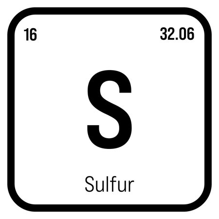 Sulfur, S, periodic table element with name, symbol, atomic number and weight. Non-metal with various industrial uses, such as in fertilizer, certain types of medication, and as a component of certain types of explosives.のイラスト素材