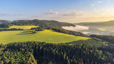 Rural landscape of the Bohemian Forest, Czech: Sumava, Czech Republic. Green meadows and coniferous...