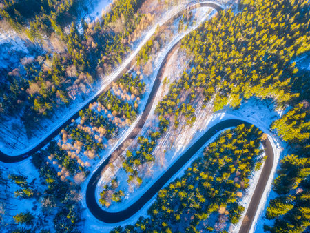 Asphalt road serpentine in snowy wintertime. Cold winter and sunny day above forest road with illuminated trees by rising sun. Aerial view from drone.の写真素材
