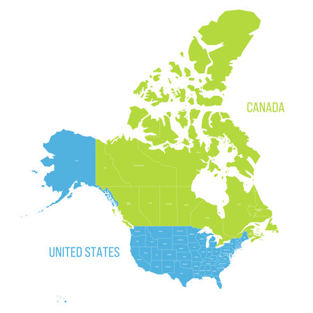 United States and Canada political map of administrative divisions. Colorful vector map with labels.のイラスト素材