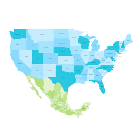 United States and Mexico political map of administrative divisions. Colorful vector map with labels.のイラスト素材
