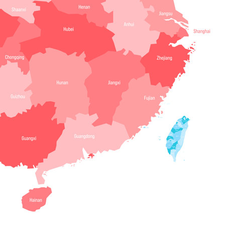 Political map of Taiwan and China focused on Taiwan and the nearest chinese provinces. Both countries with administrative divisions in different colors. Vector map with labels.のイラスト素材