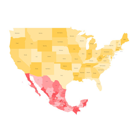 United States and Mexico political map of administrative divisions. Colorful vector map with labels.のイラスト素材