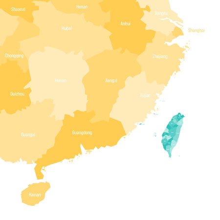 Political map of Taiwan and China focused on Taiwan and the nearest chinese provinces. Both countries with administrative divisions in different colors. Vector map with labels.のイラスト素材