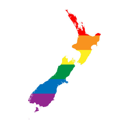 New Zealand country silhouette. Country map silhouette in rainbow colors of LGBT flag.のイラスト素材