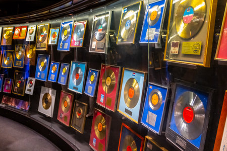STOCKHOLM, SWEDEN - JUNE 16, 2022: hall with a collection of records at the ABBA museum in Stockholm, Swedenのeditorial素材