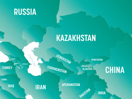 Central Asia - high detailed political map of central asian region with country, ocean and sea names labeling.のイラスト素材