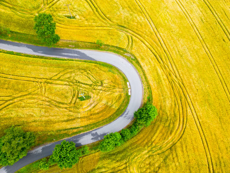 Asphalt road in rural fiedls from above. Summer landscape. Aerial view from drone.
