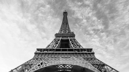 Morning view of Eiffel Tower from bottom. Paris, France. Black and white photography.の写真素材