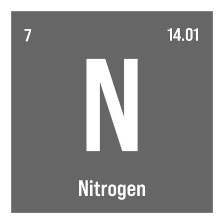 Nitrogen, N, periodic table element with name, symbol, atomic number and weight. Non-metal with various industrial uses, such as in fertilizer, food packaging, and as a filling gas in certain types of insulation.のイラスト素材
