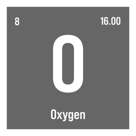 Oxygen, O, periodic table element with name, symbol, atomic number and weight. Non-metal with various industrial uses, such as in steel production, medical therapy, and as a filling gas in certain types of insulation.のイラスト素材