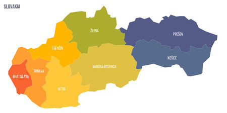Slovakia political map of administrative divisions - regions. Colorful spectrum political map with labels and country name.のイラスト素材