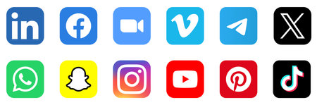 TikTok, Instagram, Youtube, Pinterest, LinkedIn, Facebook, Zoom, Vimeo, Telegram, X - former Twitter, WhatsApp and Snapchat social media app icon set. Square shape with rounded corners. Vector illustration.のeditorial素材
