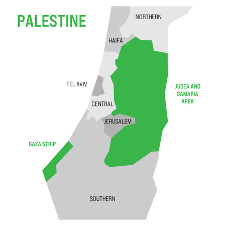 Political map of Palestine highlighted in the map of Israel. Green colored Gaza Strip and Judea and Samaria Area. Vector Illustrationのイラスト素材