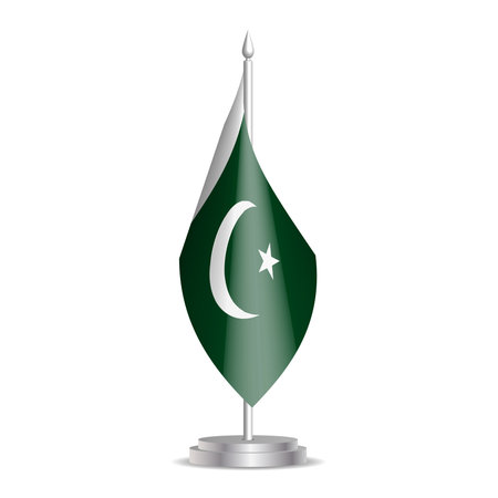 Pakistan flag - 3D mini flag hanging on desktop flagpole. Usable for summit or conference presentaiton. Vector illustration with shading.のイラスト素材