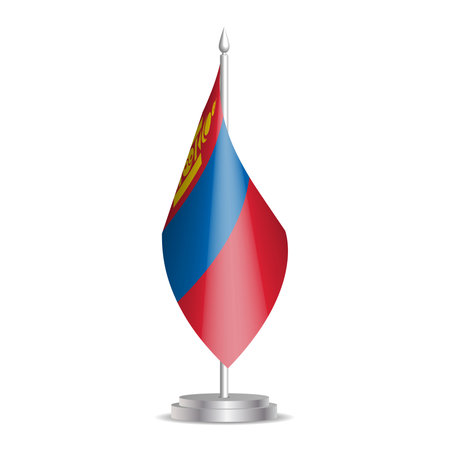 Mongolia flag - 3D mini flag hanging on desktop flagpole. Usable for summit or conference presentaiton. Vector illustration with shading.のイラスト素材
