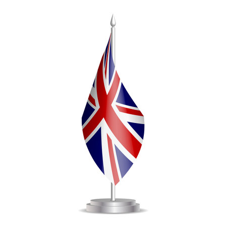 United Kingdom of Great Britain and Northern Ireland flag - 3D mini flag hanging on desktop flagpole. Usable for summit or conference presentaiton. Vector illustration with shading.のイラスト素材