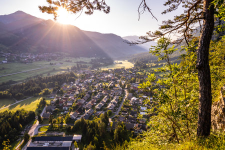 Sunny morning above Mojstrana town in Julian Alps, Sloveniaの写真素材