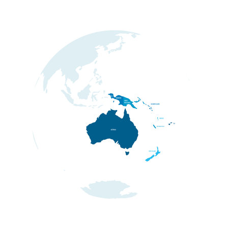 Political map of Australia. Blue colored land with country name labels on white background. Ortographic projection. Vector illustrationのイラスト素材