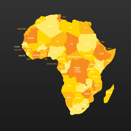 Political map of Africa. Yellow colored land with country name labels on dark gray background. Ortographic projection. Vector illustrationのイラスト素材
