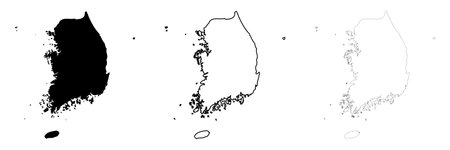 South Korea country silhouette. Set of 3 high detailed maps. Solid black silhouette, thick black outline and thin black outline. Vector illustration isolated on white background.のイラスト素材
