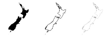New Zealand country silhouette. Set of 3 high detailed maps. Solid black silhouette, thick black outline and thin black outline. Vector illustration isolated on white background.のイラスト素材