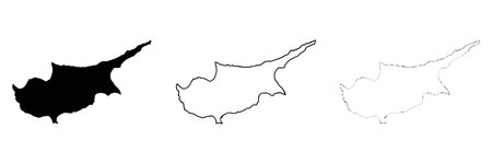 Cyprus country silhouette. Set of 3 high detailed maps. Solid black silhouette, thick black outline and thin black outline. Vector illustration isolated on white background.のイラスト素材
