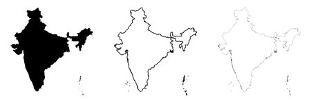 India country silhouette. Set of 3 high detailed maps. Solid black silhouette, thick black outline and thin black outline. Vector illustration isolated on white background.のイラスト素材