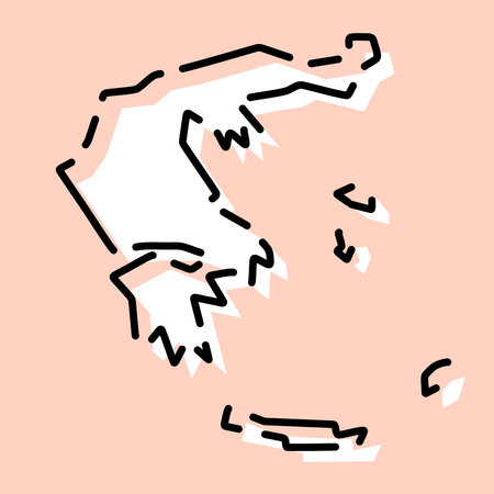 Greece country simplified map. White silhouette with black broken contour on pink background. Simple vector iconのイラスト素材