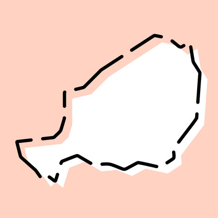 Niger country simplified map. White silhouette with black broken contour on pink background. Simple vector iconのイラスト素材
