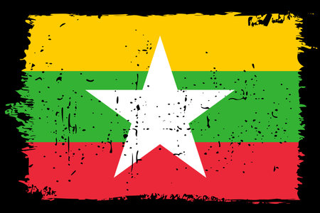 Myanmar flag - vector flag with stylish scratch effect and black grunge frame.のイラスト素材